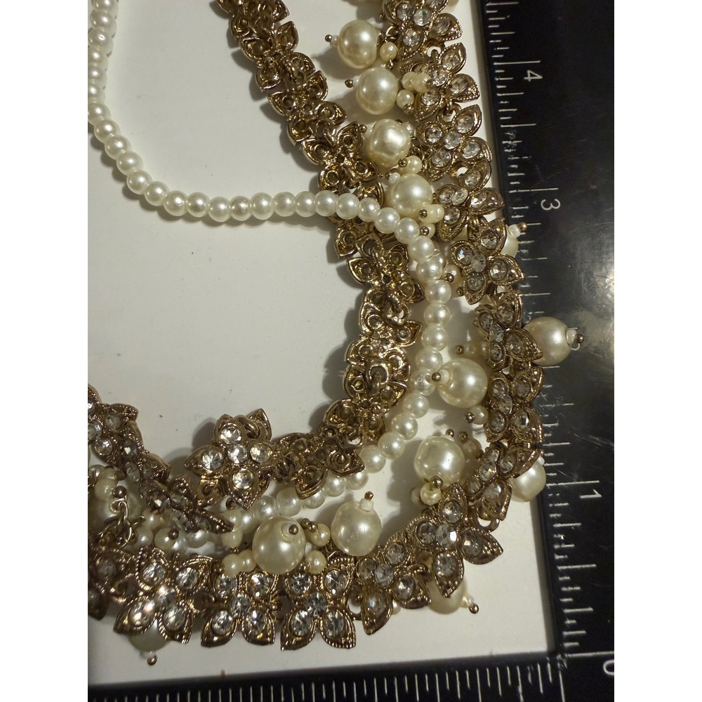 Gold Tone Faux Pearl Rhinestone Multi Strand Statement Bib Necklace Floral 20 In